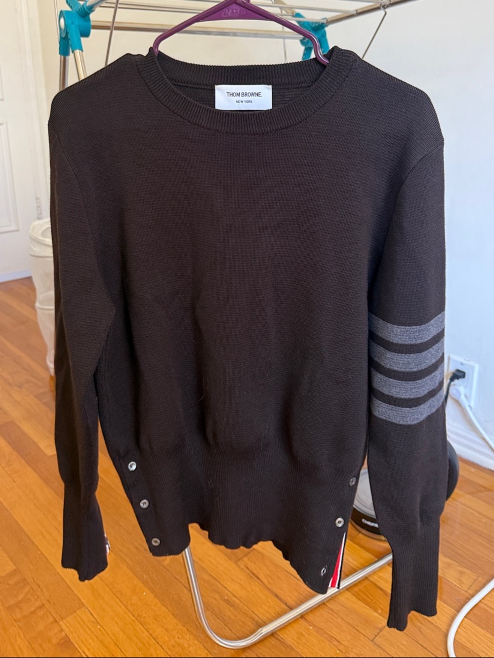 Thom Browne Dark Brown Crewneck Sweater with Grey Sleeve Stripes